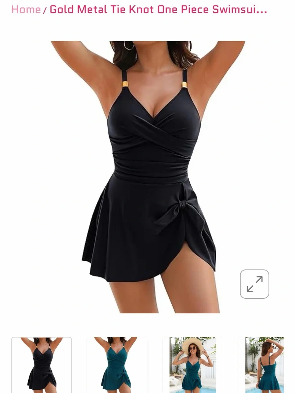 Gold Metal Tie Knot One Piece Bathingsuit Tummy Control Swimdress